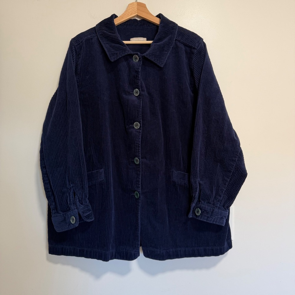 Woman Within Corduroy Button Up Jacket Womens 1X Navy Blue Pleated Back Coat